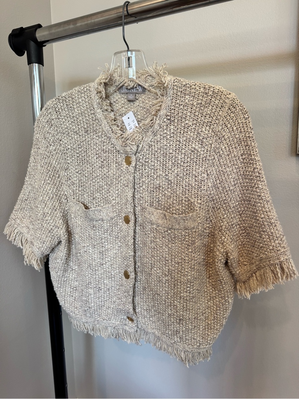 NWT J. Crew Beige Fringe-Trim Button Cardigan Jacket